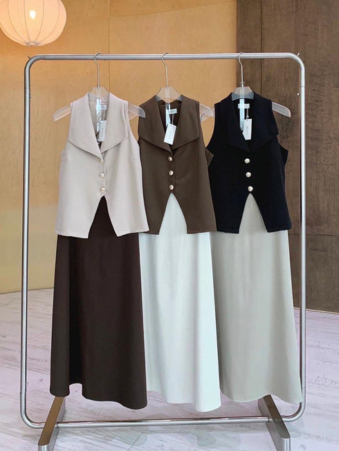 Collar Down Sleeveless Vest With Skirts Sets